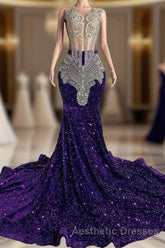 Sequined Sleeveless Mermaid Evening Prom Dresses with Beadings